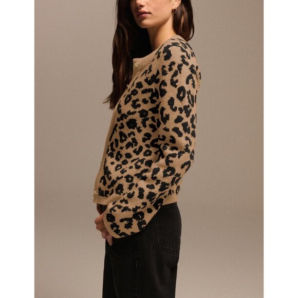 Women Cotton Blend Leopard Print Cardigan Open Front Long Sleeve Sweater - Picture 4 of 5
